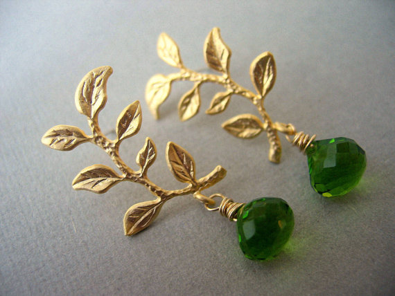 Gold Branch and Peridot Green Quartz Earrings