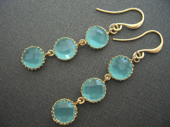  Aqua Circle Drops, Aqua and Gold Earrings