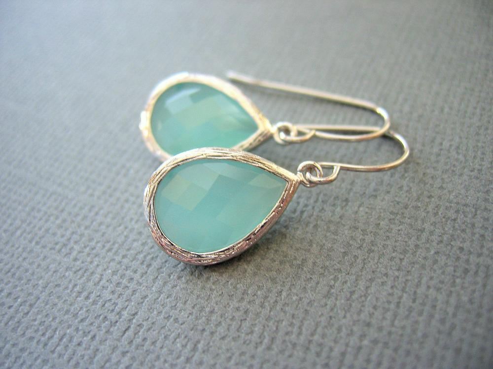 Aqua Earrings, Mint Green Earrings, White Gold, Teardrop, Dangle Earrings, Wedding Jewelry