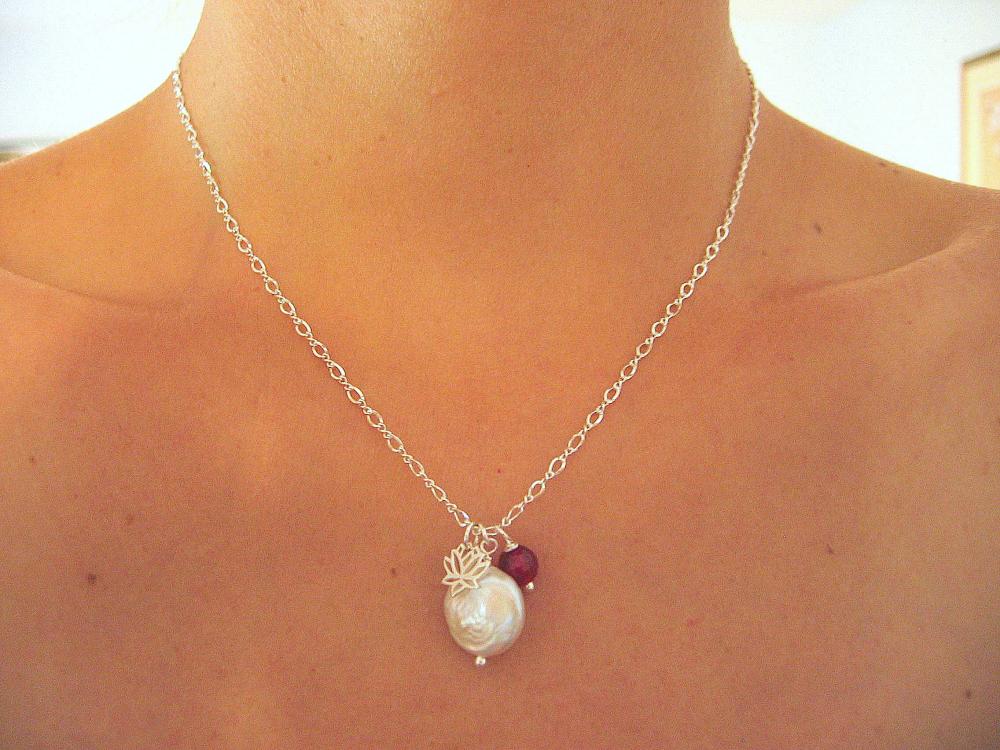 Sterling Silver Lotus, Pearl, and Agate Charm Necklace