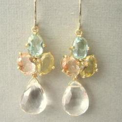 Pastel, Green, Yellow, Pink Glass and Clear Quartz Earrings
