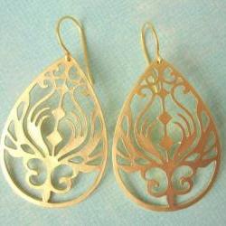 Large Gold Earrings, Matte Gold Filigree Teardrop