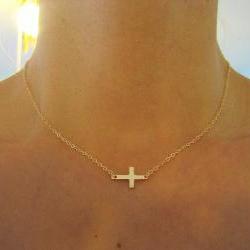 Small Sideways Cross Necklace, Gold Cross Necklace