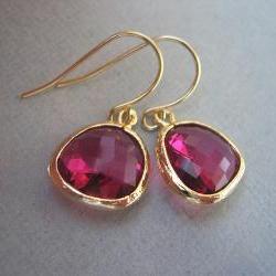 Ruby, Fuschia Earrings, Glass, Gold Earrings, Hot pink earrings