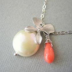 Charm Necklace, Silver Orchid, Coin Pearl, and Coral Necklace