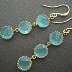  Aqua Circle Drops, Aqua and Gold Earrings