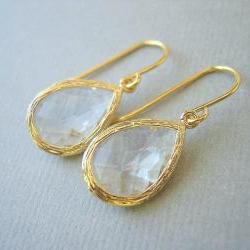 Clear Glass Gold Trimmed Teardrop Earrings