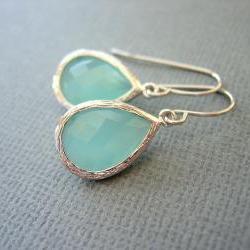 Aqua Earrings, Mint Green Earrings, White Gold, Teardrop, Dangle Earrings, Wedding Jewelry