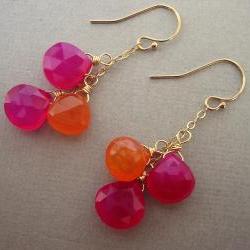 Orange and Pink Earrings, Gemstone Jewelry, Fuschia, Gold Earrings