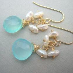 Aqua Chalcedony and Keshi Pearl Earrings