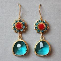 Teal Glass Floral Earrings