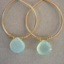 Aqua Chalcedony on Gold Filled Hoops Earrings