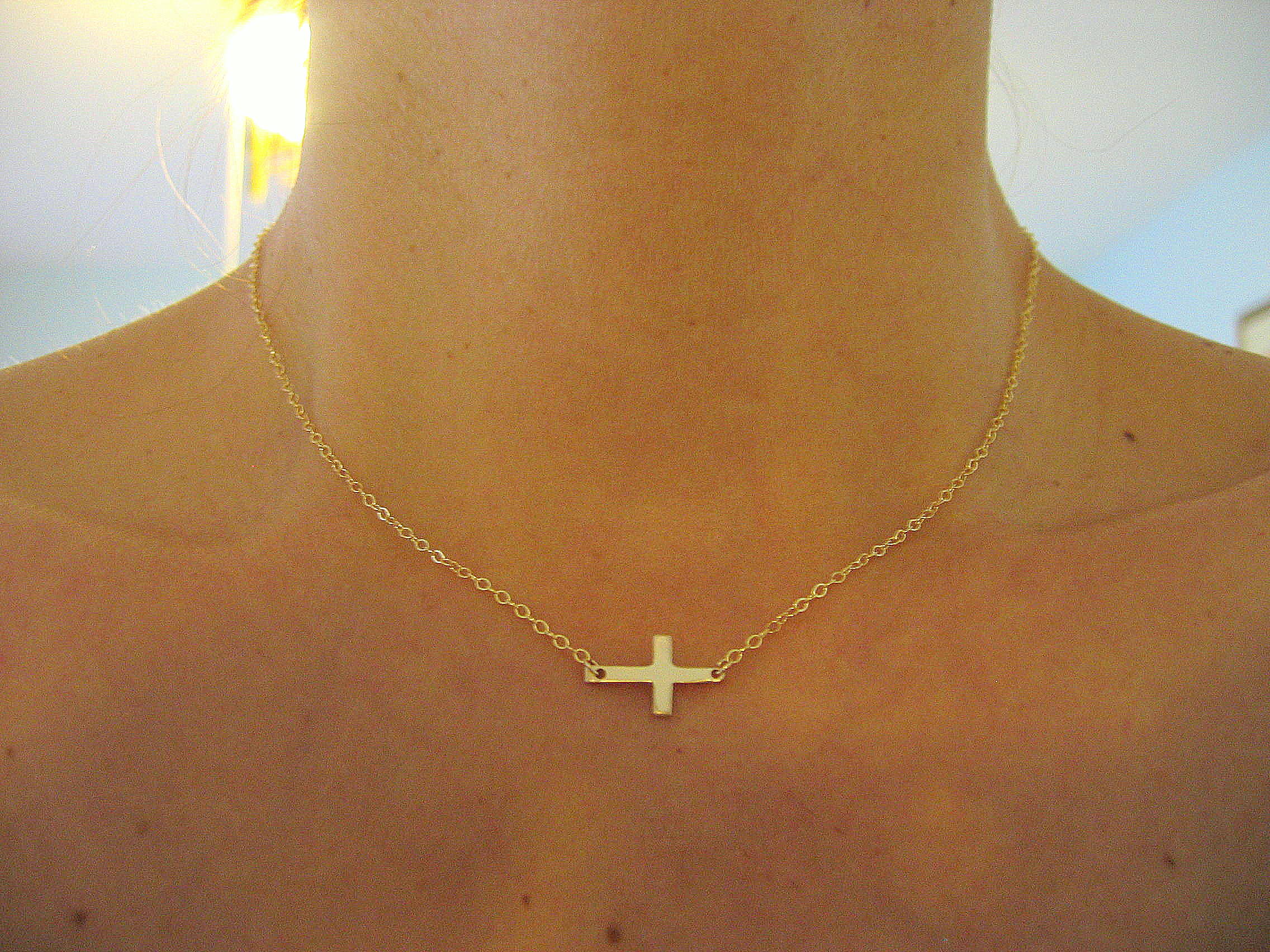 Small Sideways Cross Necklace, Gold Cross Necklace on Luulla